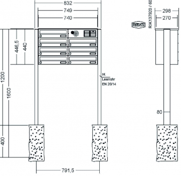 RENZ Briefkastenanlage freistehend, Verkleidung Basic B, Kastenformat 370x110x270mm, 7-teilig, Vorbereitung Gegensprechanlage